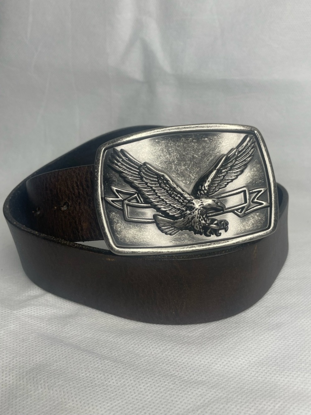 Vintage Lee Jeans Big Eagle Buckle Genuine Leather Belt Size 34 Brown Patriot